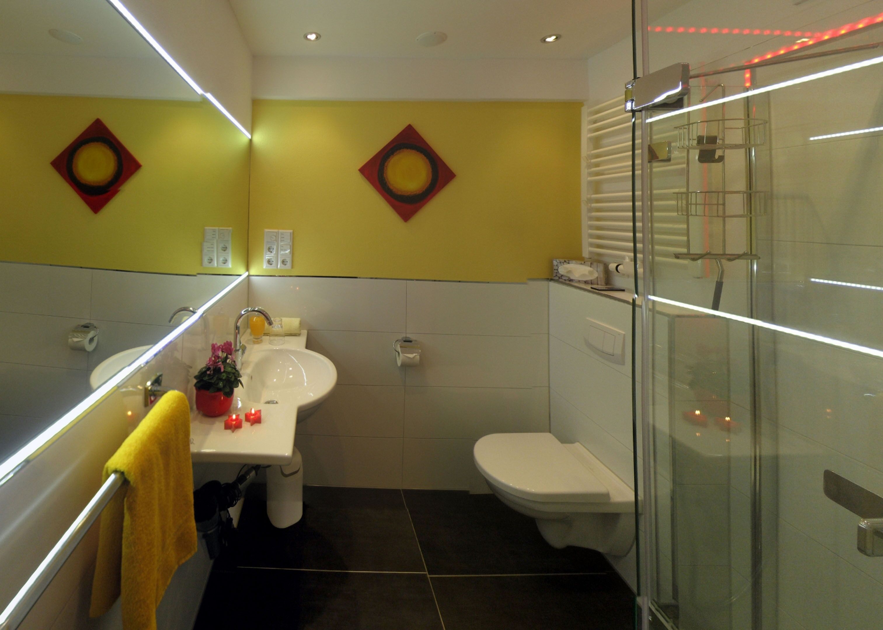 Ein modernes Badezimmer mit Duschkabine aus Glas, Waschbecken mit Spiegel und zwei dekorativen Wandverkleidungen.