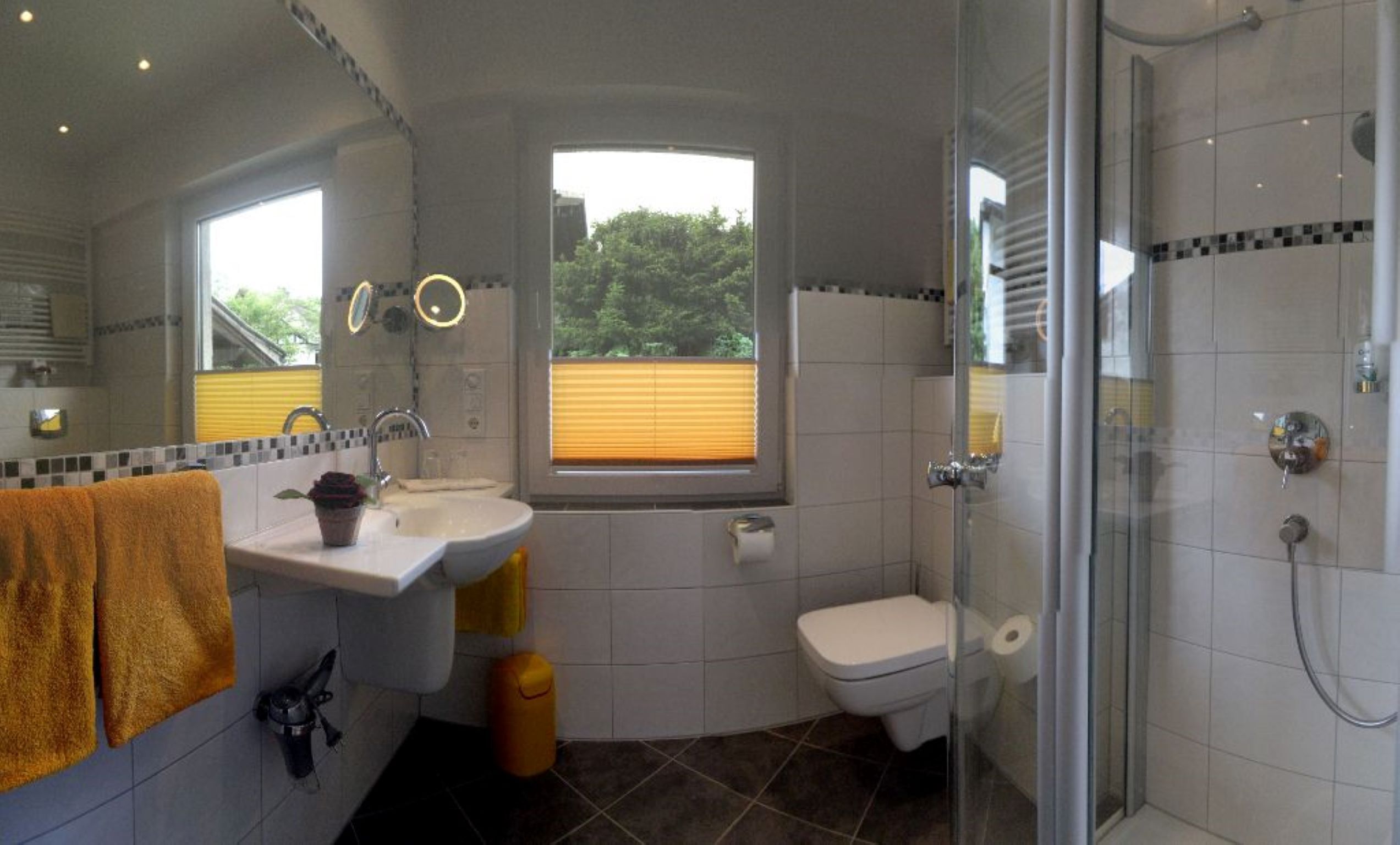 Baño con lavabo, espejo, inodoro y ducha.