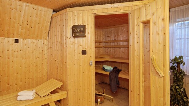 Un sauna de madera con bancos, un banco con toallas, una puerta de madera y una planta en maceta.