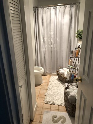 Combined shower/tub, hair dryer, towels, soap