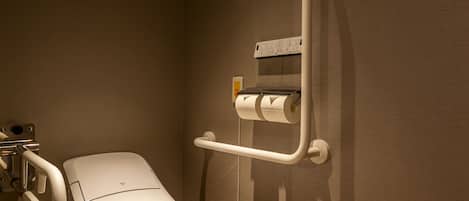 A bathroom with a toilet, a handrail, and a wall-mounted toilet paper holder.