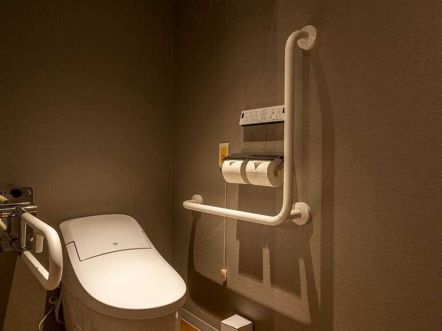 A bathroom with a toilet, a handrail, and a wall-mounted toilet paper holder.