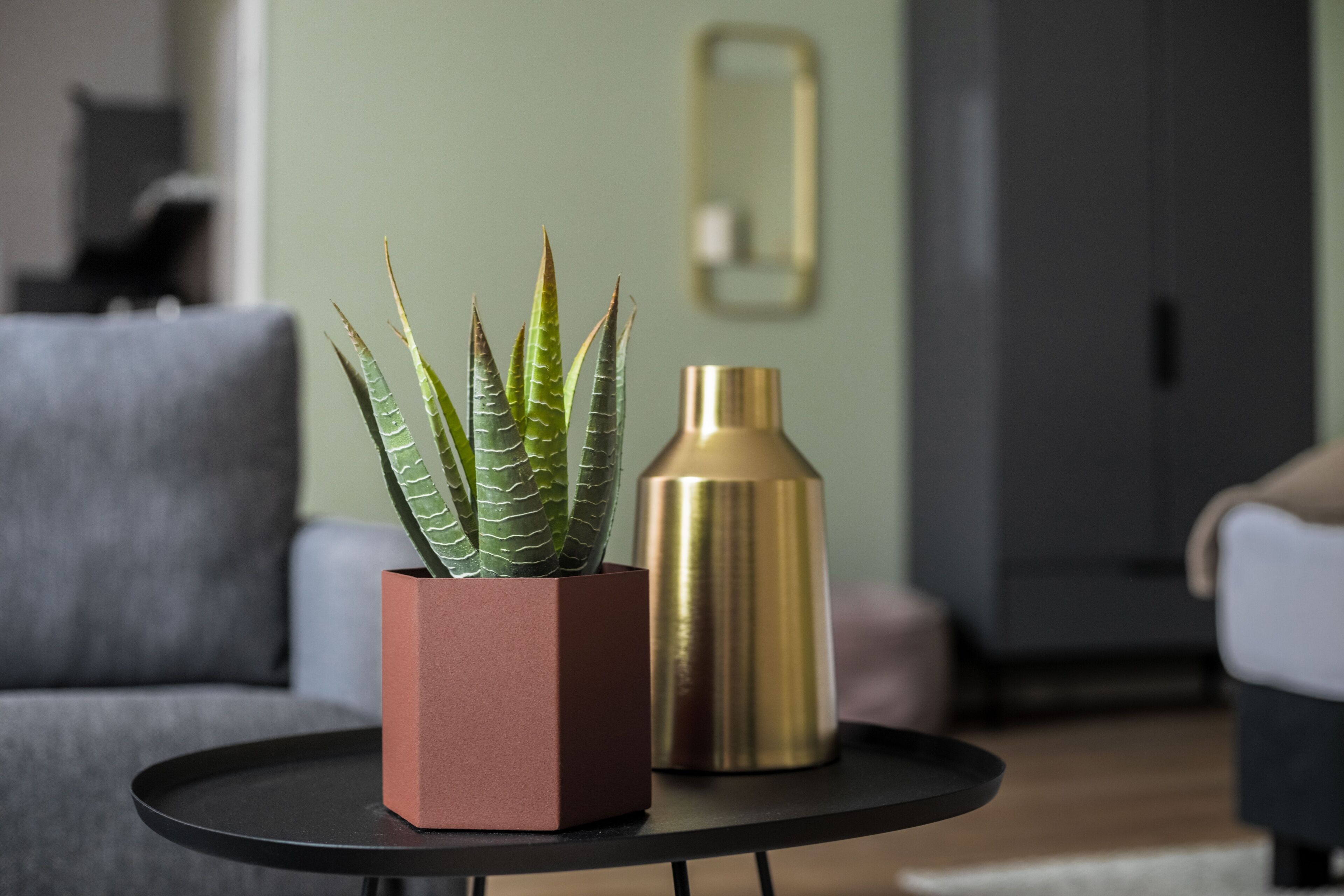 A living room with a grey sofa, a small round table with a potted plant and a gold vase.