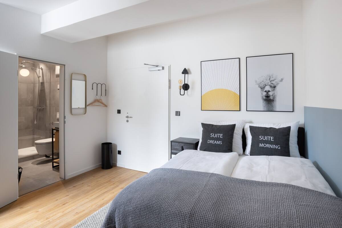 A modern bedroom with a large bed, a walk-in closet, and a shower.