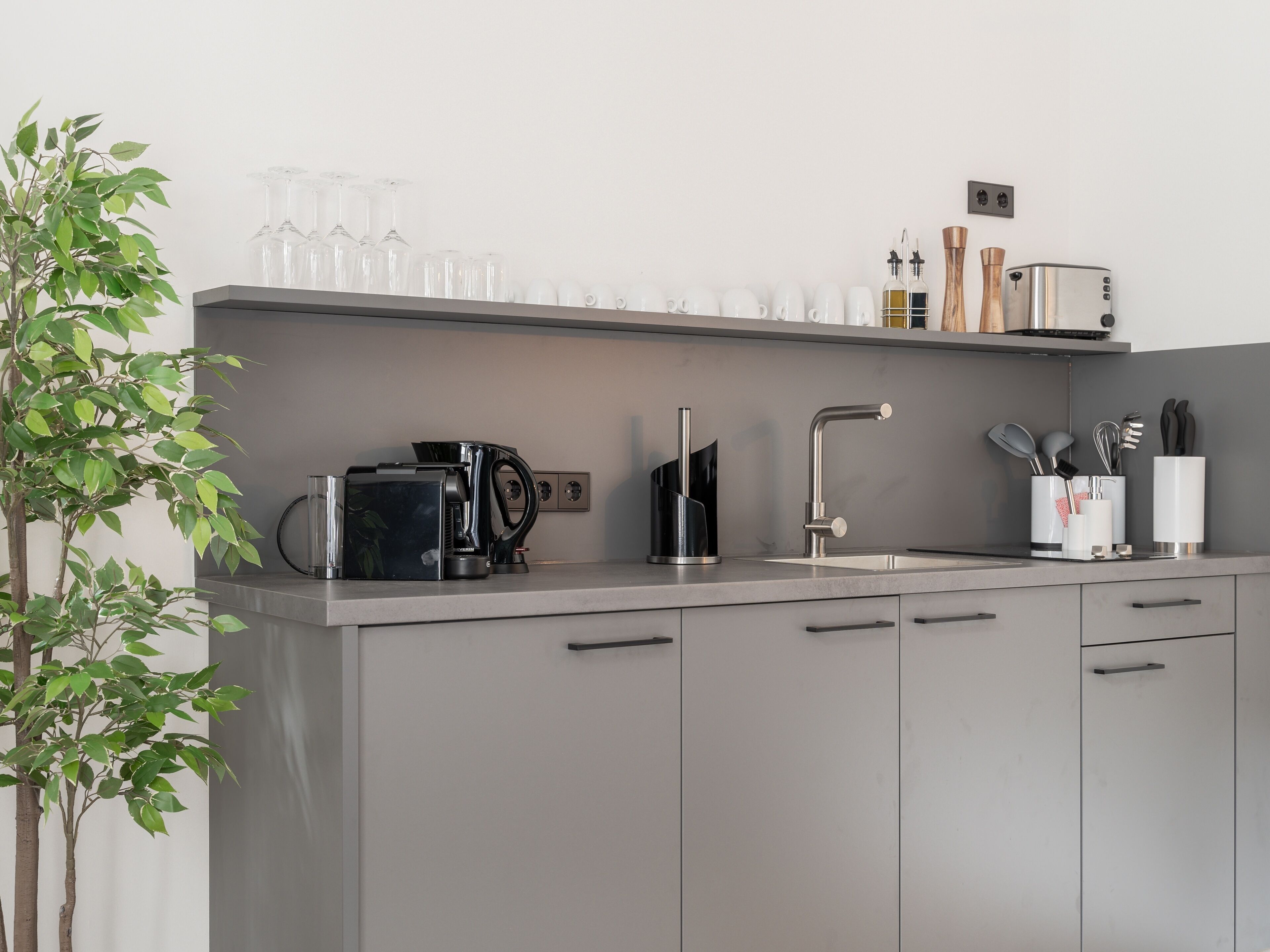 A modern kitchen with grey cabinets, a coffee machine, a sink with a faucet, and a plant.