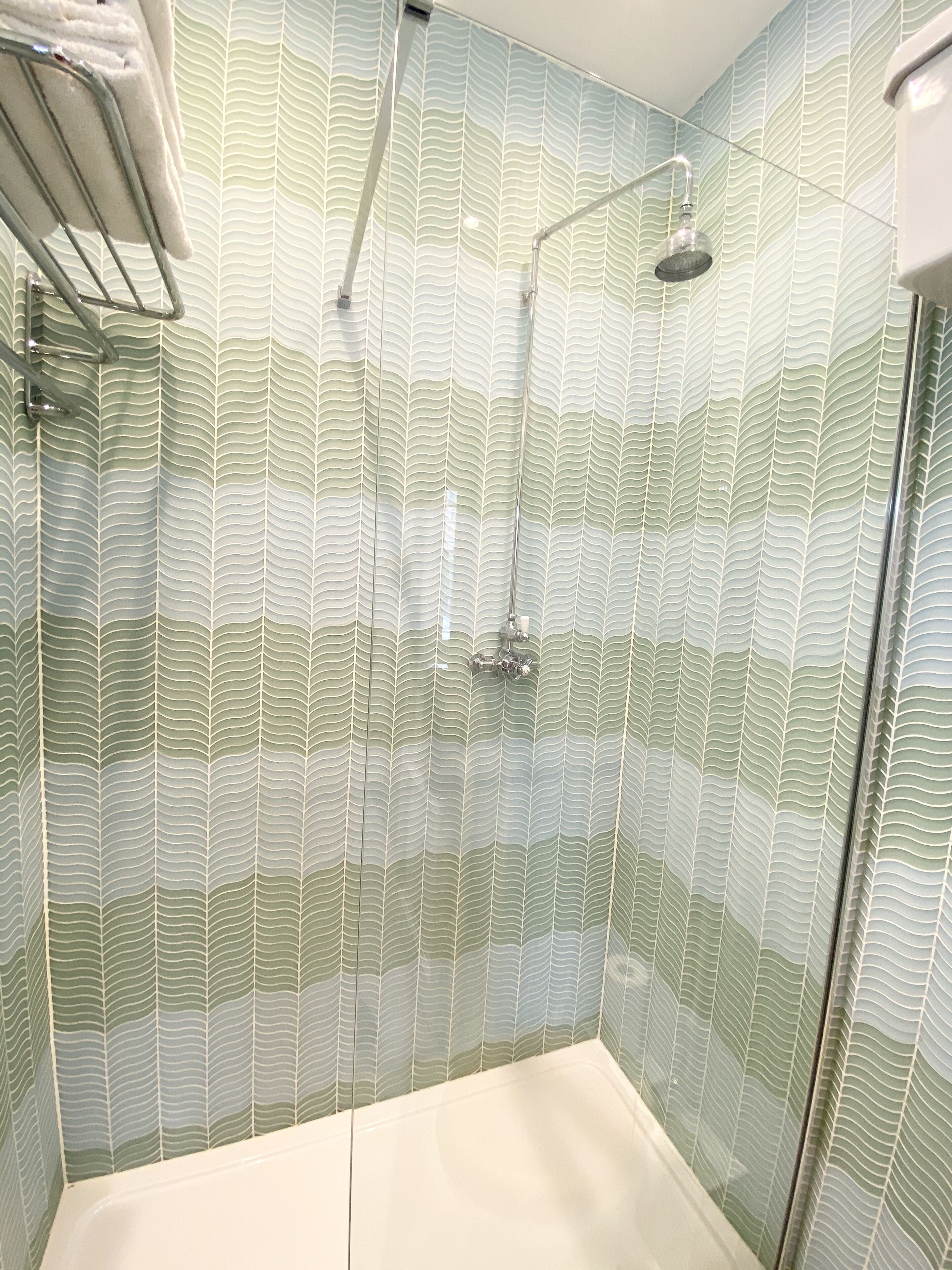 Ducha con puerta de vidrio y pared con diseño de hojas.