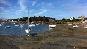 Un port de plaisance situé sur la côte, avec des bateaux amarrés et une rive rocheuse.