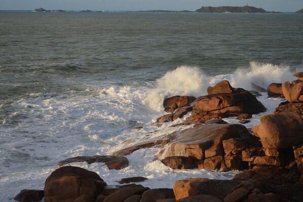 Une côte rocheuse où les vagues s'écrasent contre les rochers.