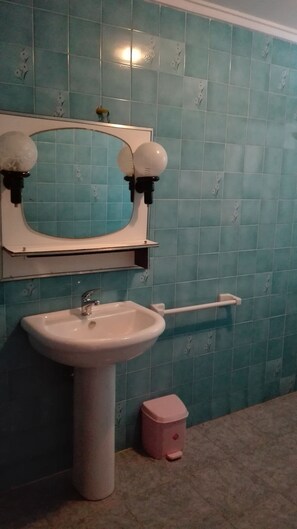 Combined shower/bathtub, bidet, towels, soap