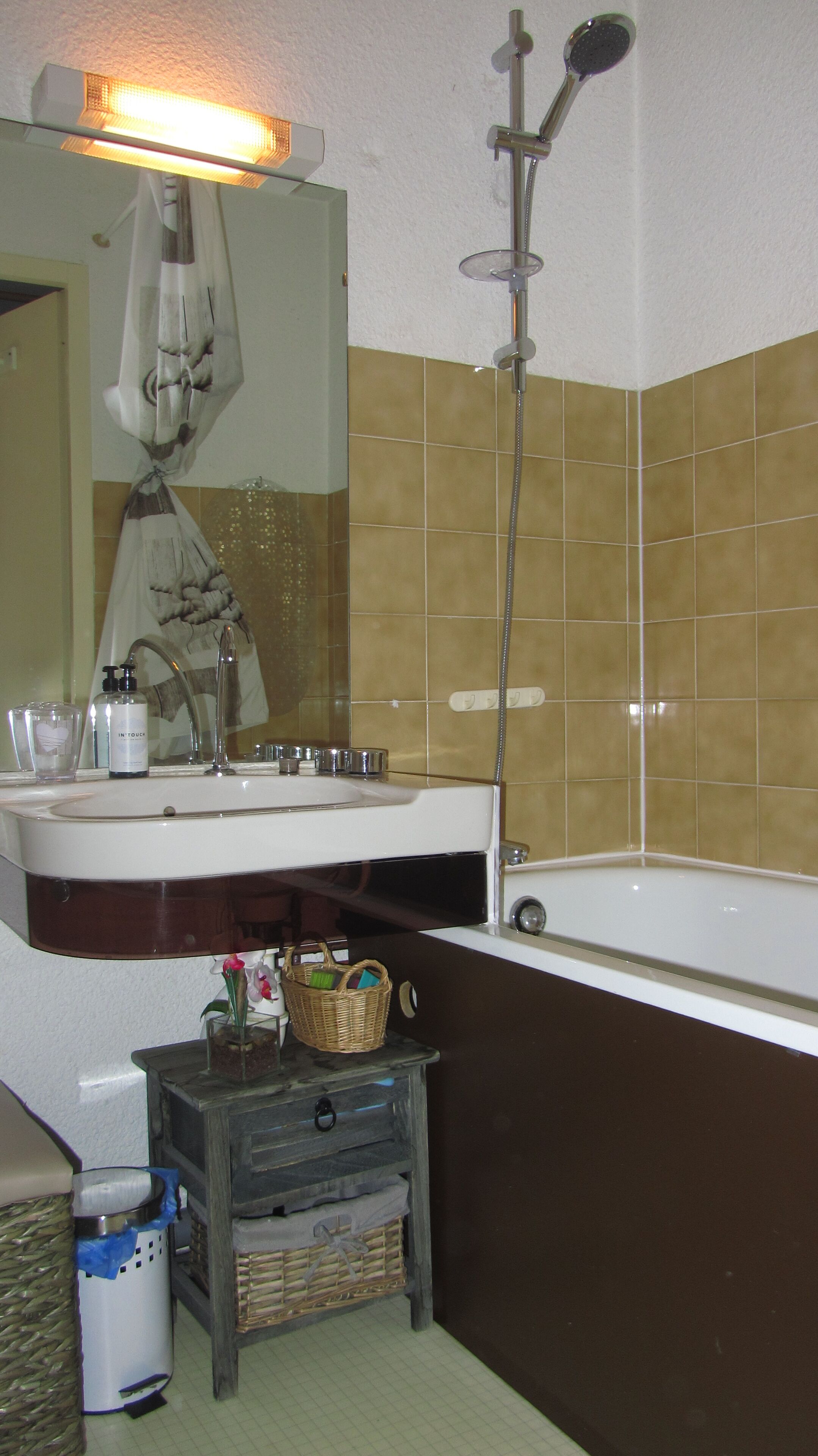 Combined shower/tub, hair dryer, towels, soap