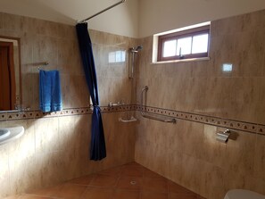 Combined shower/tub, hair dryer, bidet, towels