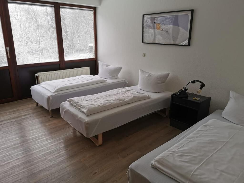 Una habitació amb dos llits individuals, una nituixi negra i un radiador.