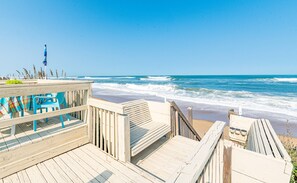 A wooden deck with a view of the ocean. - Gypsea Rose - Southern Shores, Oceanfront, Ocean View, Pets OK, Flex Stays (Southern Shores)