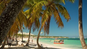 Una playa con palmeras, un bote y un cielo azul despejado.
