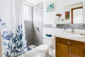 Shower, hair dryer, towels