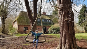 A child on a swing in a wooded area with a house in the background.