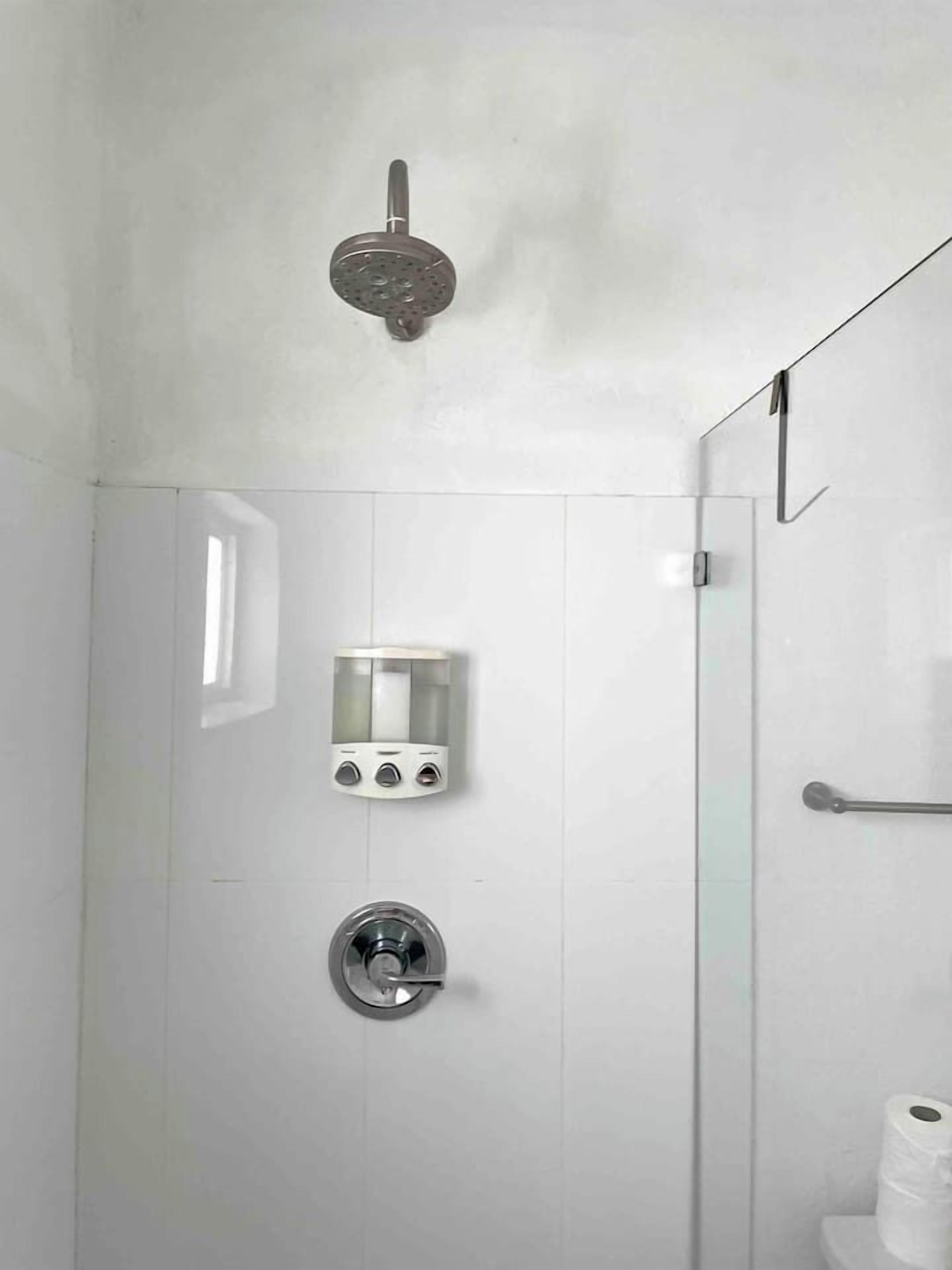 Hair dryer, towels, soap, toilet paper