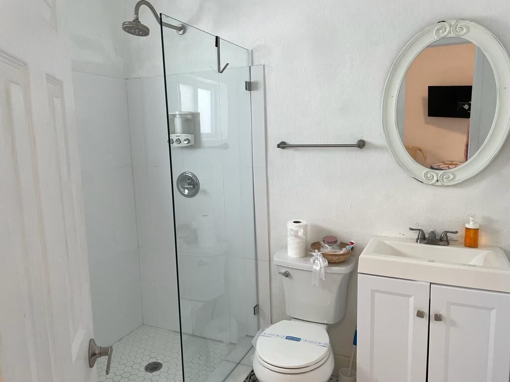 Hair dryer, towels, soap, toilet paper