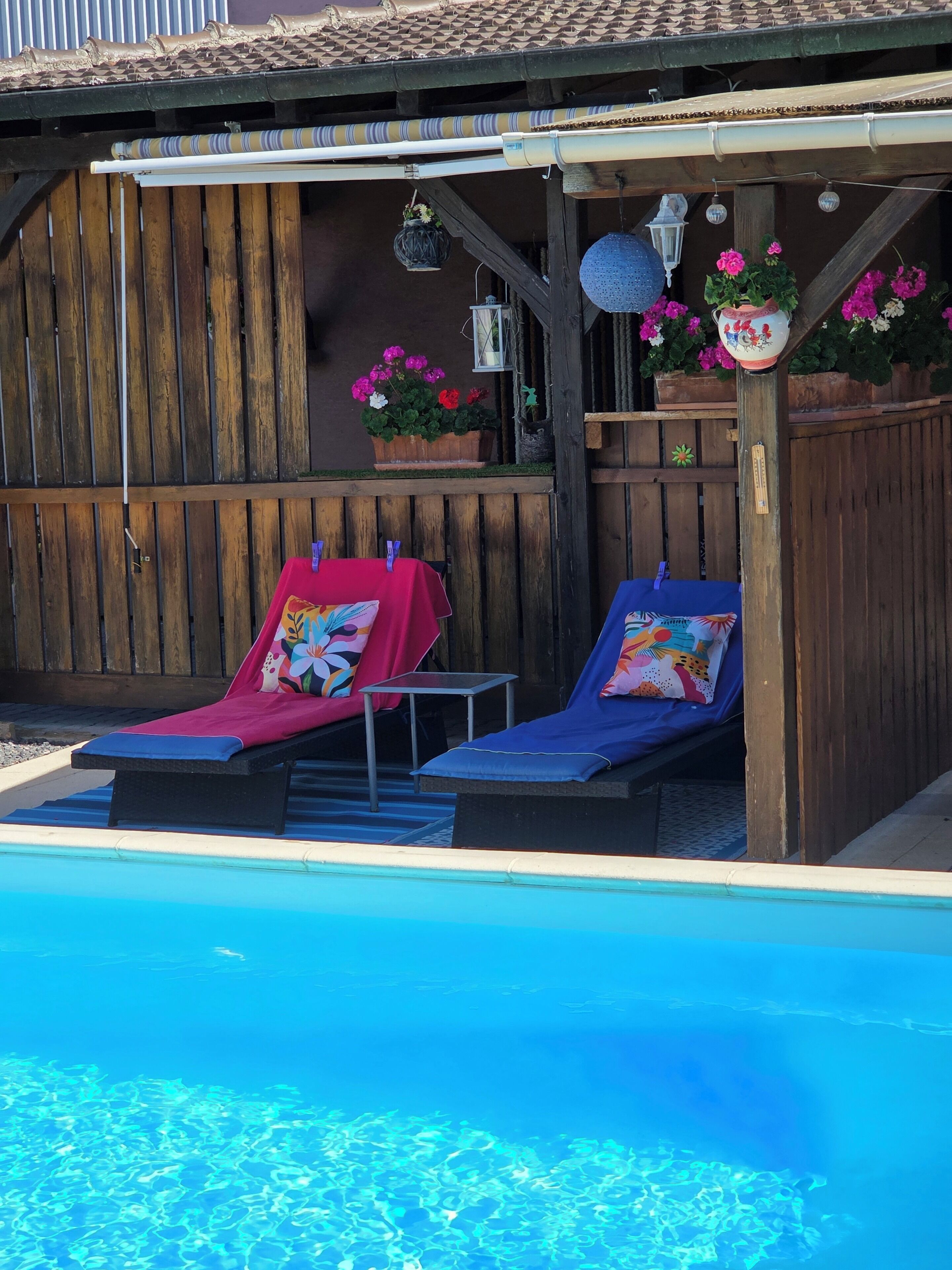 Un espace aménagé au bord de la piscine, avec des chaises longues, une petite table et des plantes en pot.