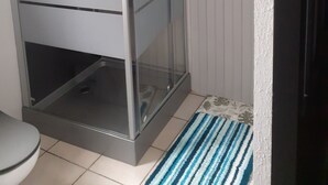 Un baño con cabina de ducha de vidrio, un inodoro y un tapete azul a rayas.