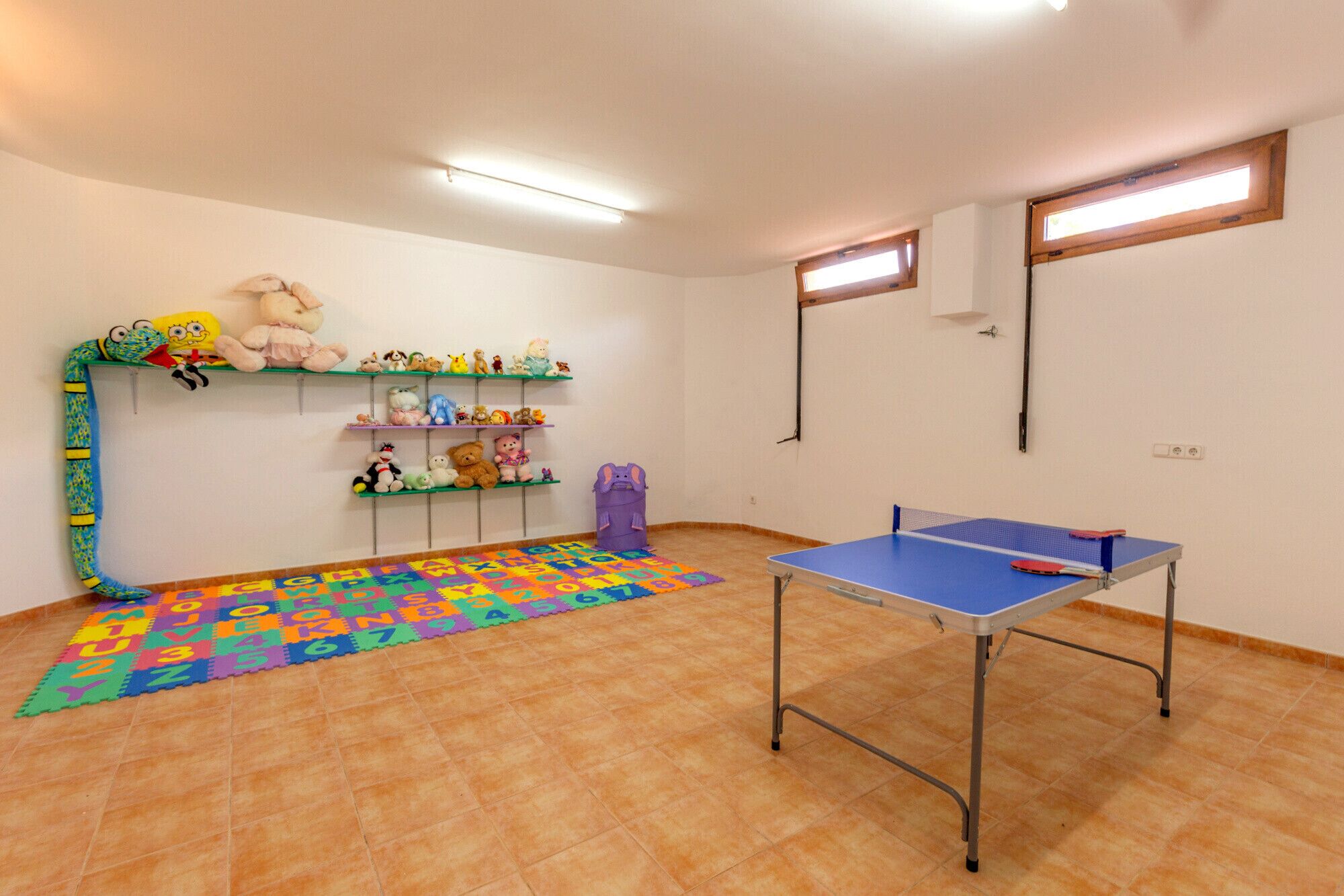 Une pièce avec une table de ping-pong, un tapis de jeu orné de lettres de l’alphabet et des étagères remplies de peluches.