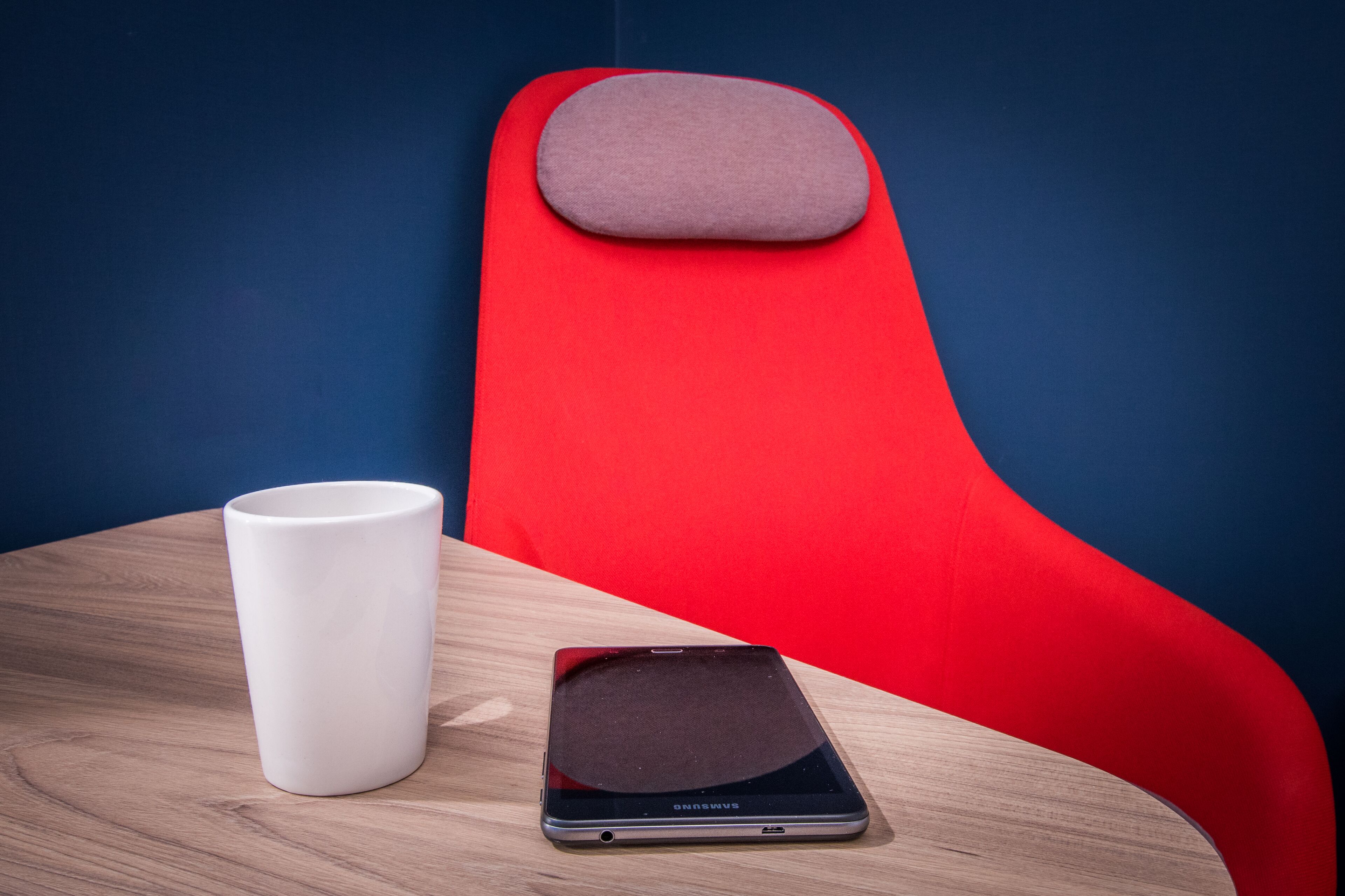 desk, laptop workspace, blackout curtains, iron/ironing board