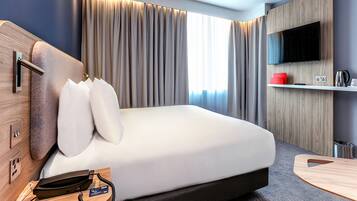 Desk, laptop workspace, blackout curtains, iron/ironing board