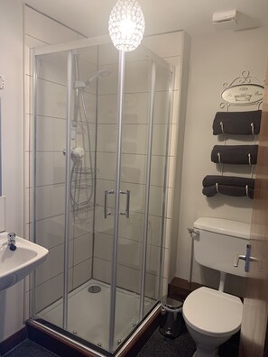 A modern bathroom with a glass-enclosed shower, a white sink, and a toilet. - High Greenside Farmhouse B&B (Kirkby Stephen)