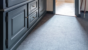 Un pasillo con armarios de madera oscura, piso alfombrado y una puerta que da a un baño.