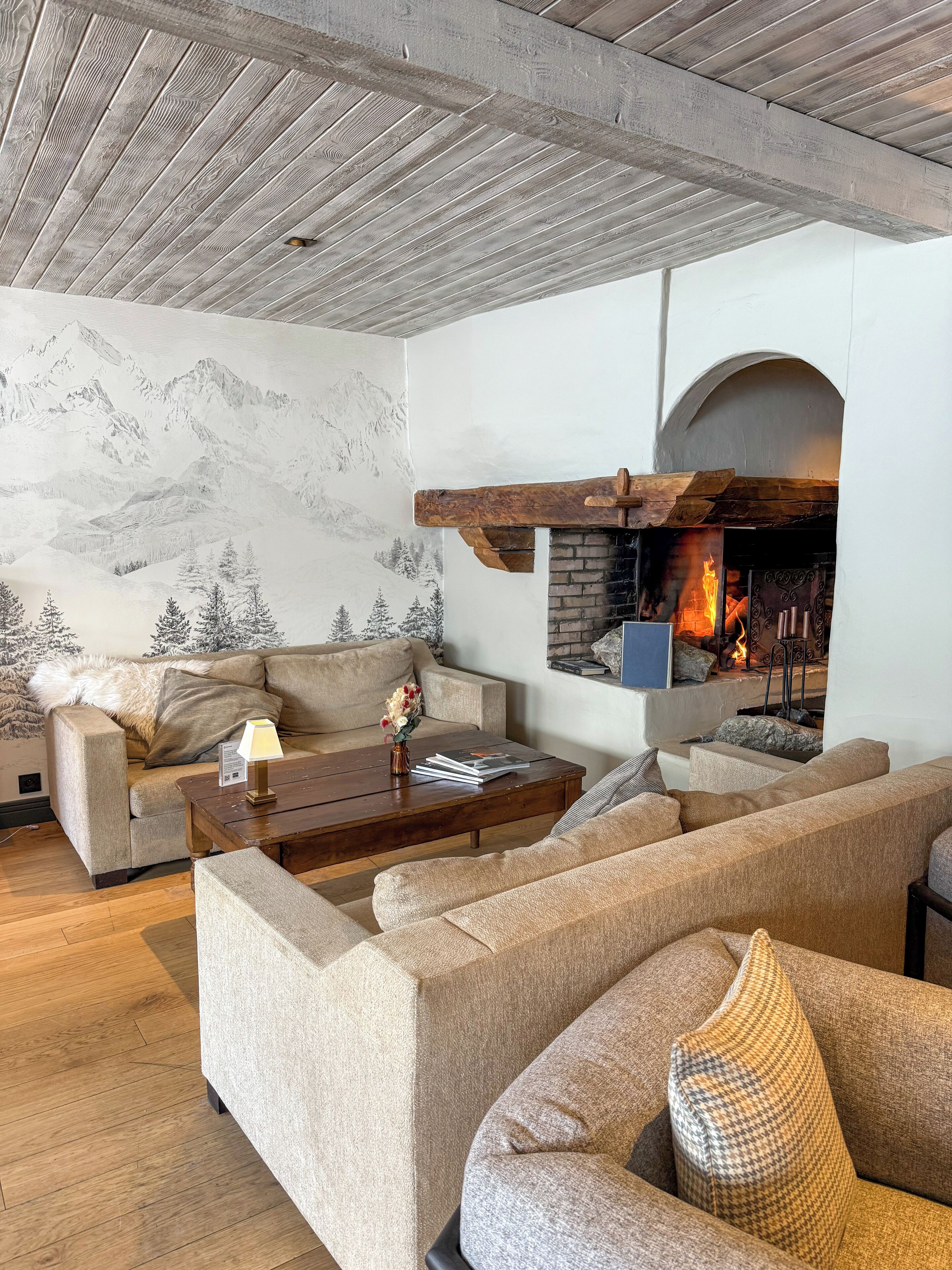 A cozy living room with a fireplace, a sofa set, and a mural of mountains.