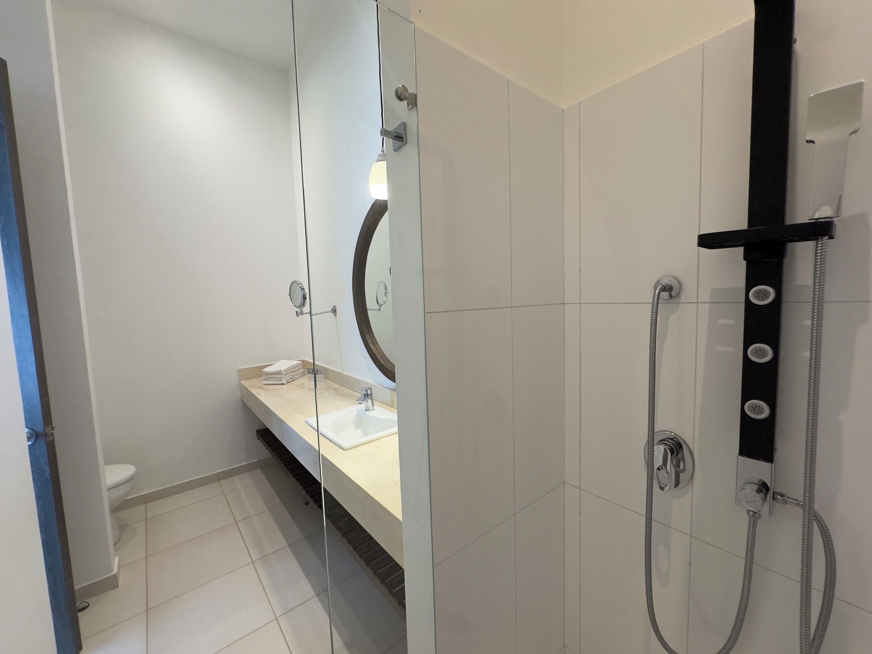 A modern bathroom with a glass shower enclosure, a toilet, and a sink with a mirror.
