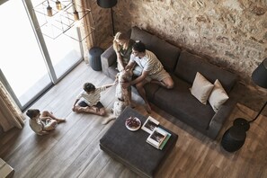 Televisión, chimenea y libros 