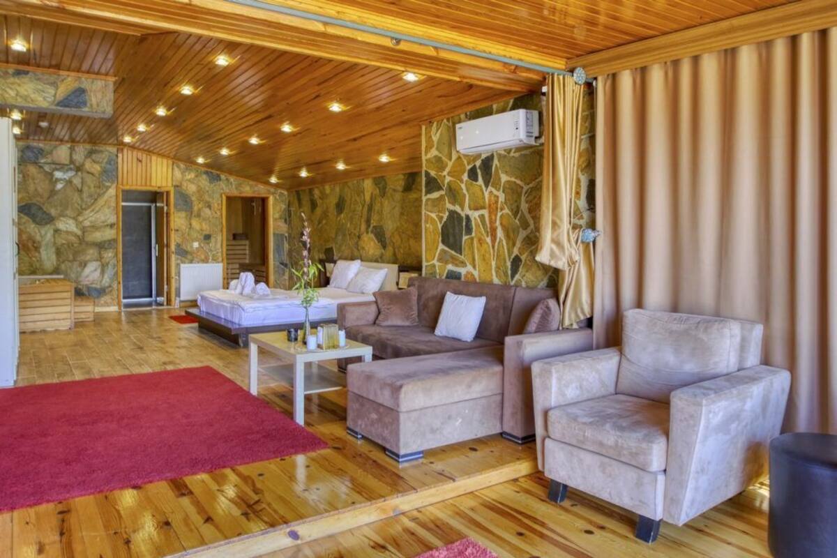 A spacious living area with a stone wall, wooden ceiling, and a red rug.