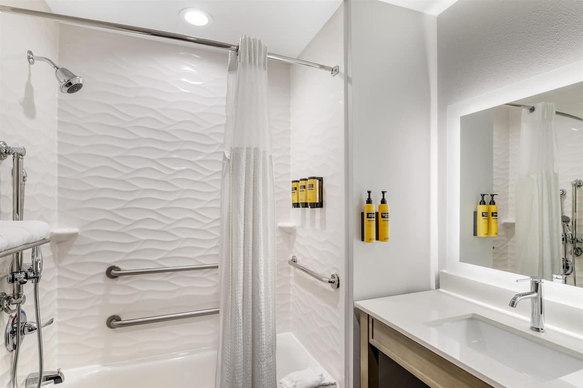 standard room, 1 king bed, accessible, refrigerator & microwave | bathroom | combined shower/bathtub, rainfall showerhead, free toiletries