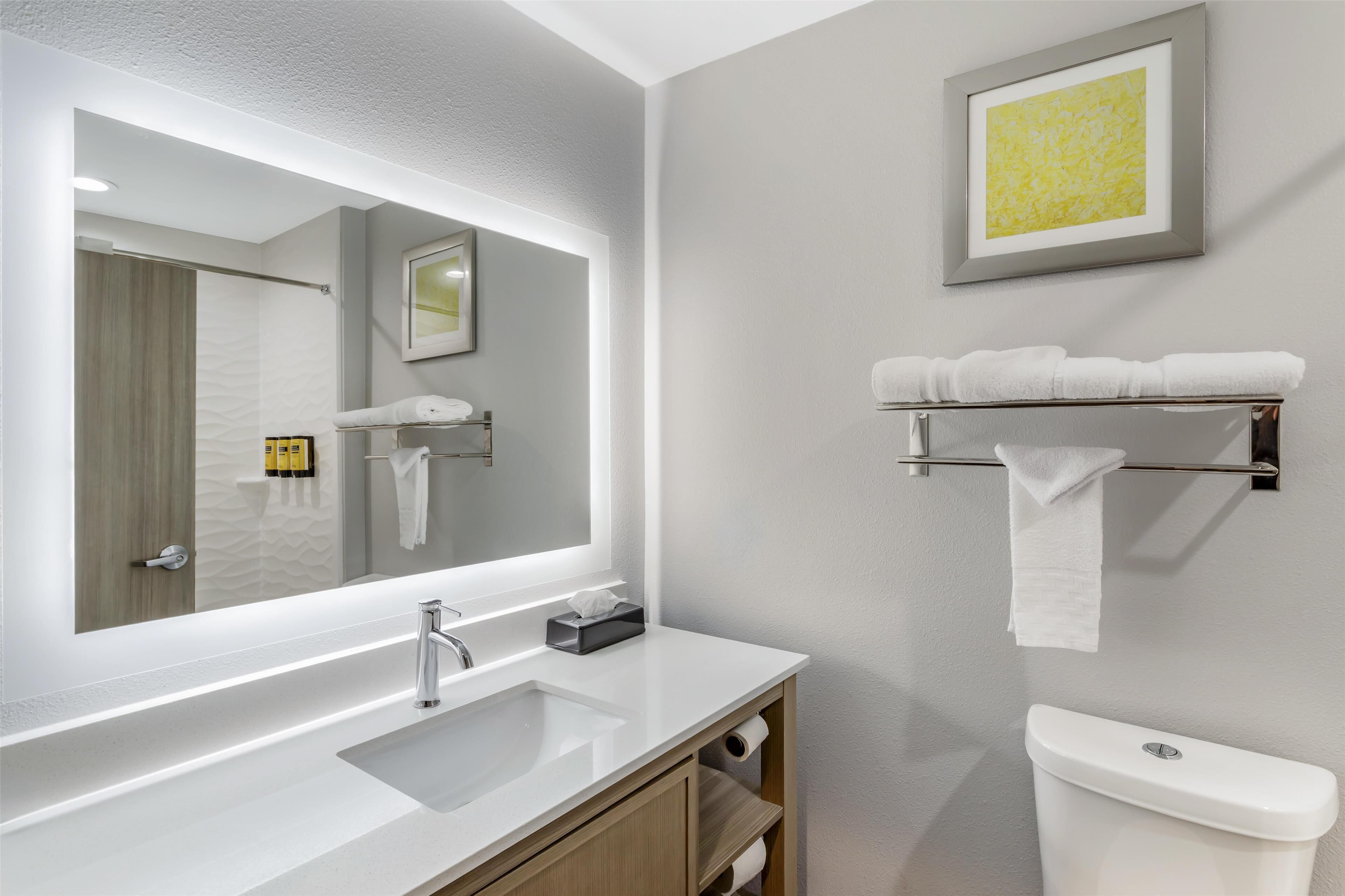 standard room, 1 king bed, non smoking, refrigerator & microwave | bathroom | combined shower/bathtub, rainfall showerhead, free toiletries