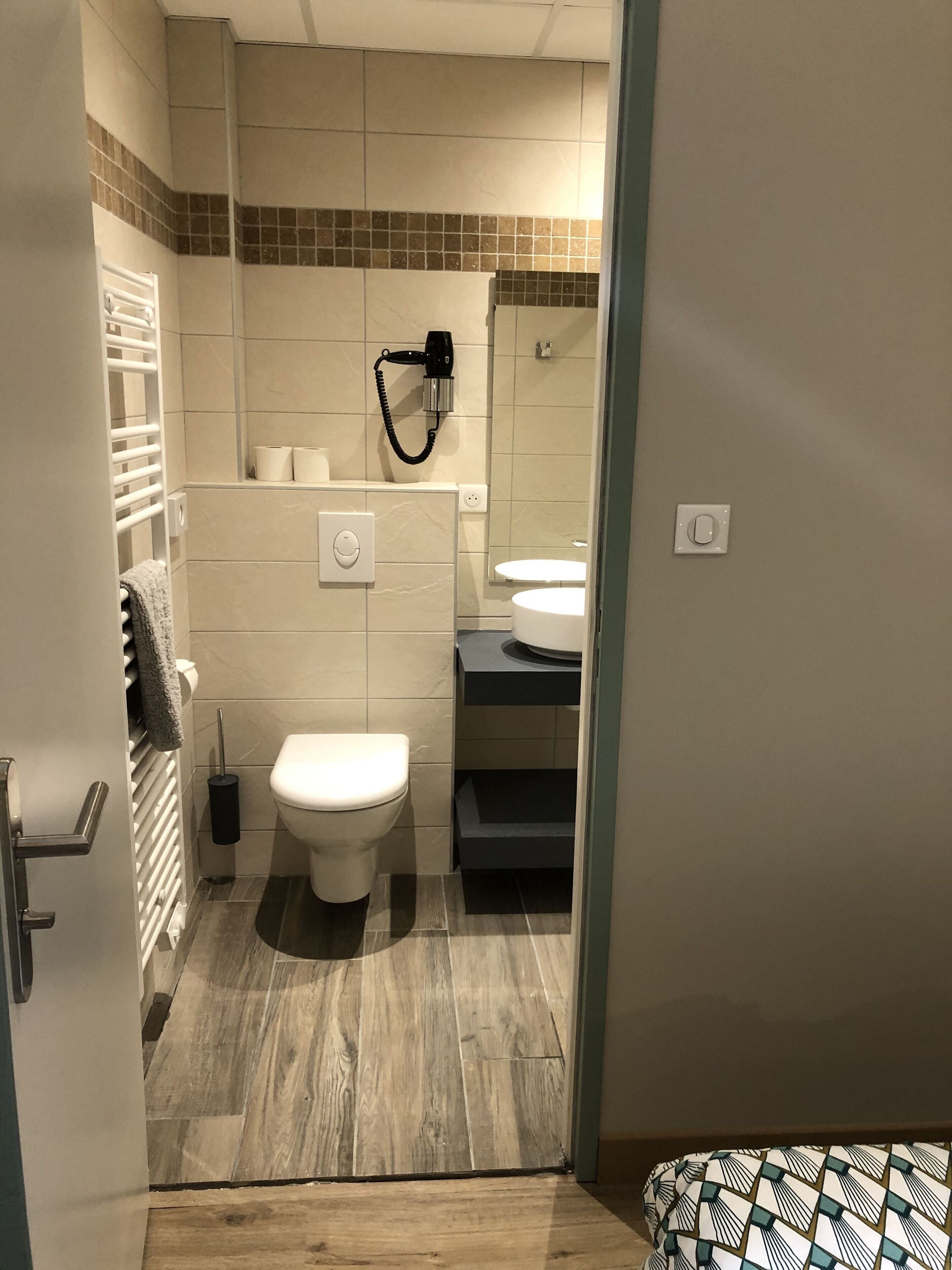 A compact bathroom with a toilet, a sink, a towel rack, and a hairdryer.