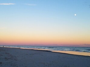 A beach with a clear sky and a visible moon.