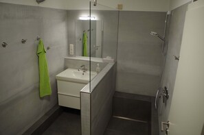 Chuveiro, secador de cabelo, toalhas de banho, sabonete