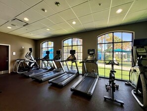 Une salle de sport équipée de tapis de course, de vélos d’appartement et d’un appareil d’aviron.