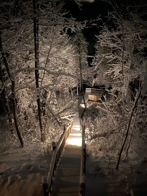 A snow-covered pathway leading to a building with a wooden railing.