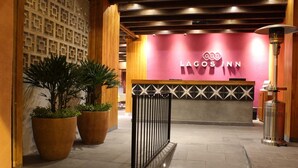 Een hotel receptie met een modern design, met een receptiebalie, potplanten en een decoratieve wand.