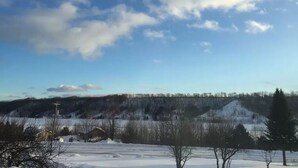Paisaje nevado con cielo despejado, algunos árboles y una colina distante.