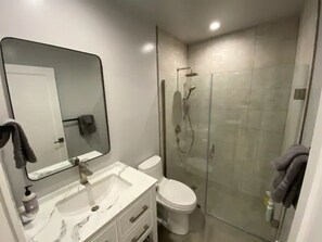 Shower, hair dryer, towels, soap