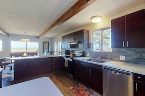 Fridge, microwave, oven, stovetop - Dog-Friendly Retreat w/ Bay Views, a Spacious Deck, & Secluded Feel (Westport)