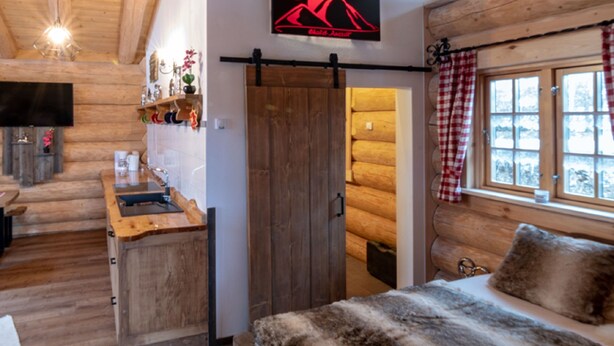 A log cabin interior with a bed, wooden ceiling beams, a mounted TV, and a sign with a mountain and tent icon. - Ellerbeck Gesundheits- und Wellnesshof (Langdorf)