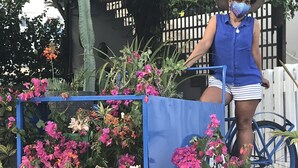 Uma pessoa ao lado de um vaso azul cheio de várias flores.