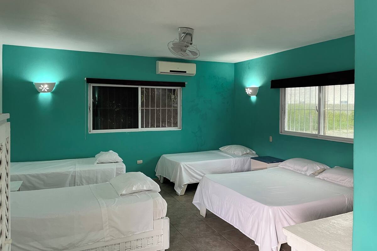 Une chambre aux murs de couleur turquoise, avec deux lits simples, une fenêtre et un ventilateur de plafond.