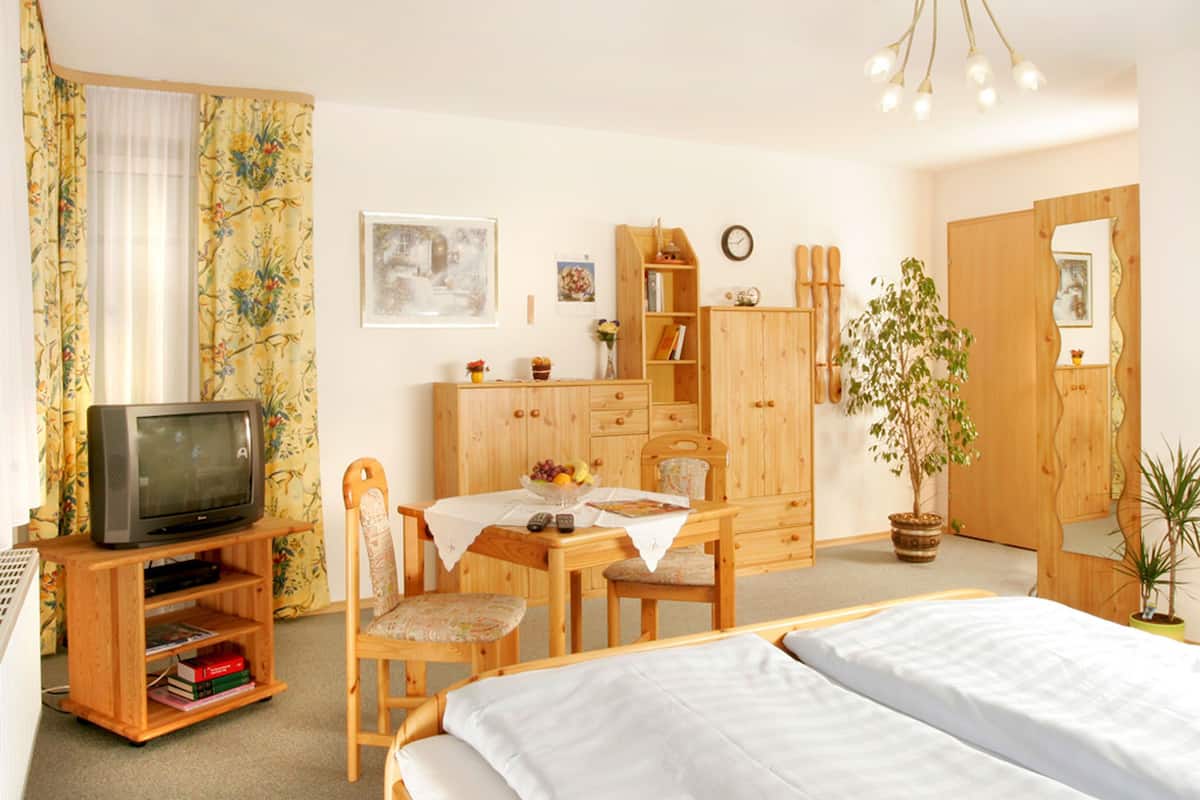 Una habitación acogedora con cama, escritorio, silla, televisor y una planta.