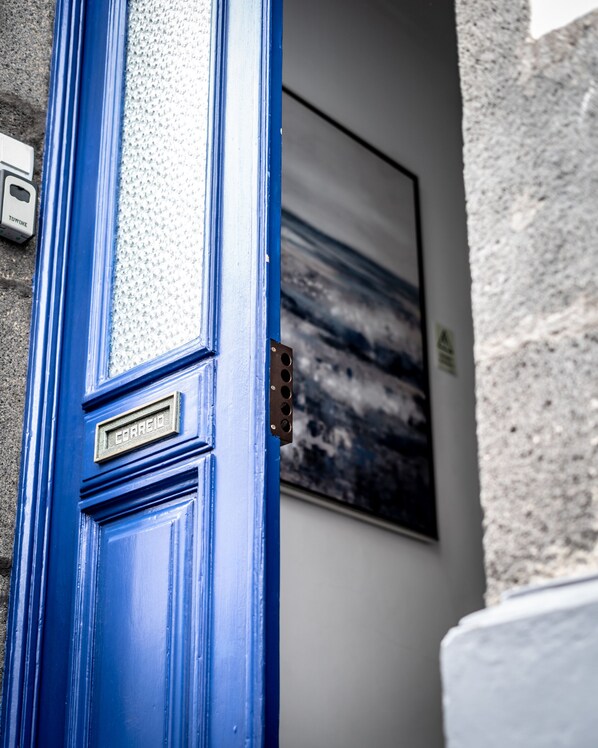Una puerta azul con un buzón y una placa, una pared con textura y un cuadro enmarcado.