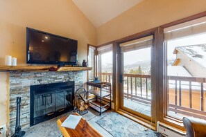 TV, fireplace, DVD player, books